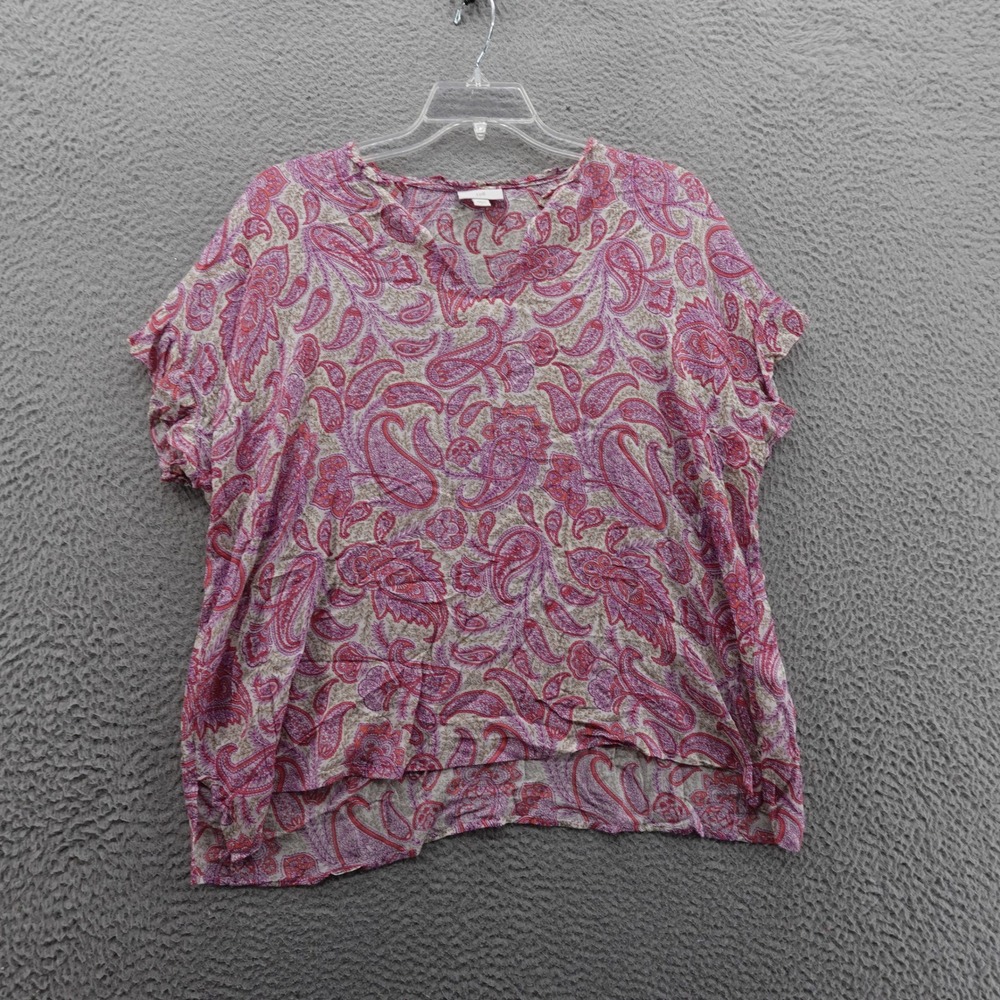 J Jill Paisley Print Short Sleeve Blouse Top Large Pink Beige Womens Floral